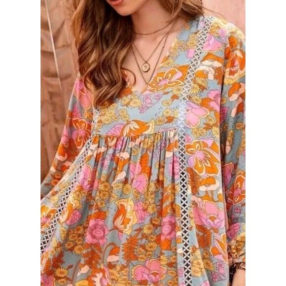 Rusttydustty Modern Bohemia Crush Floral Mini Dress Long Sleeve Viscose 3XL - Picture 9 of 16